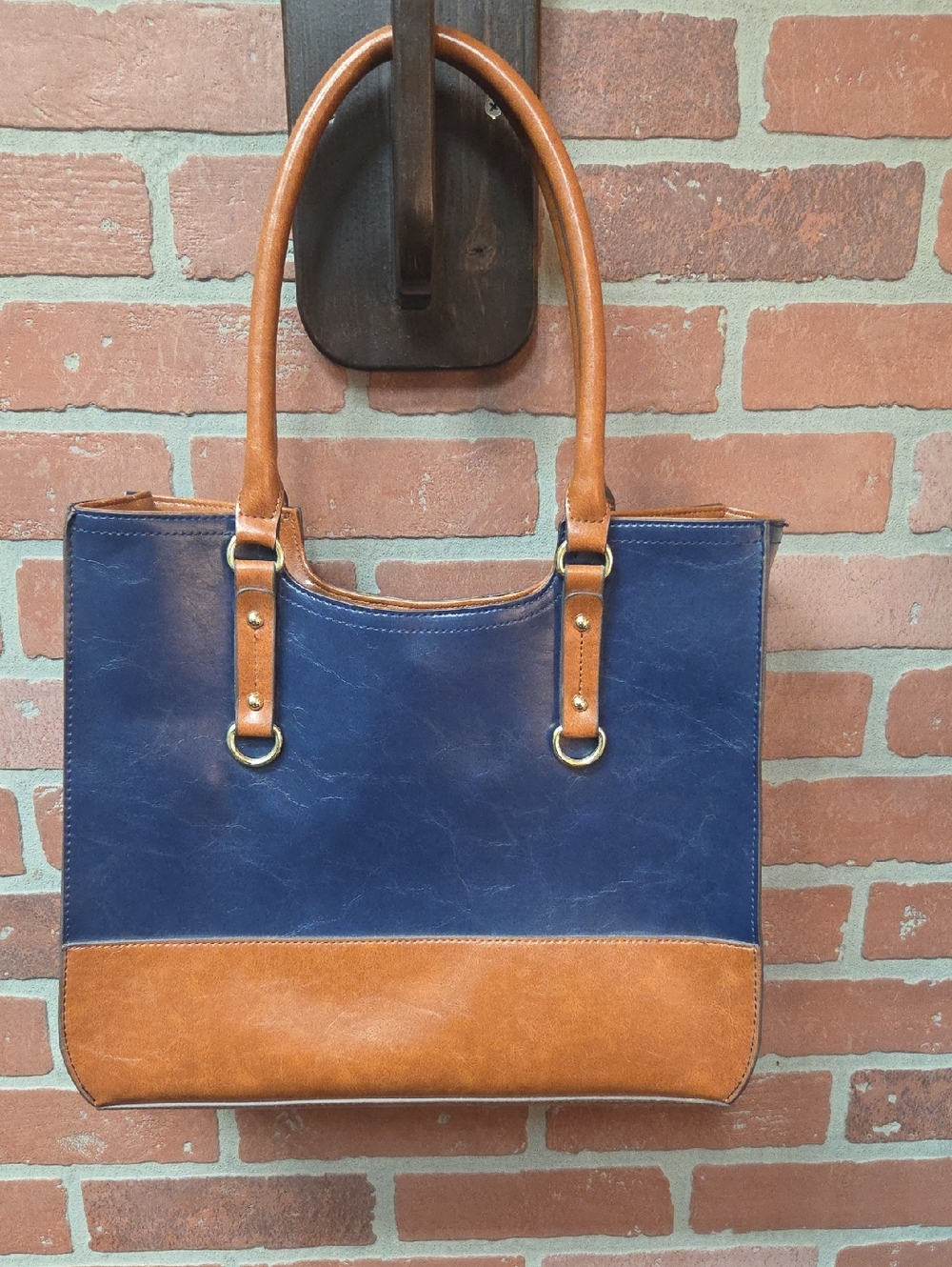 Blue and Tan Faux Leather Tote Bag